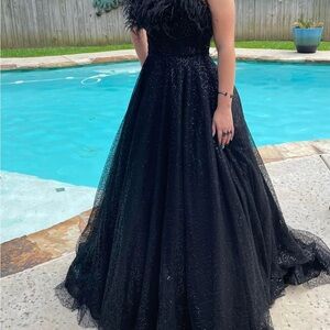 Sherri Hill black sequin and feather prom dress
